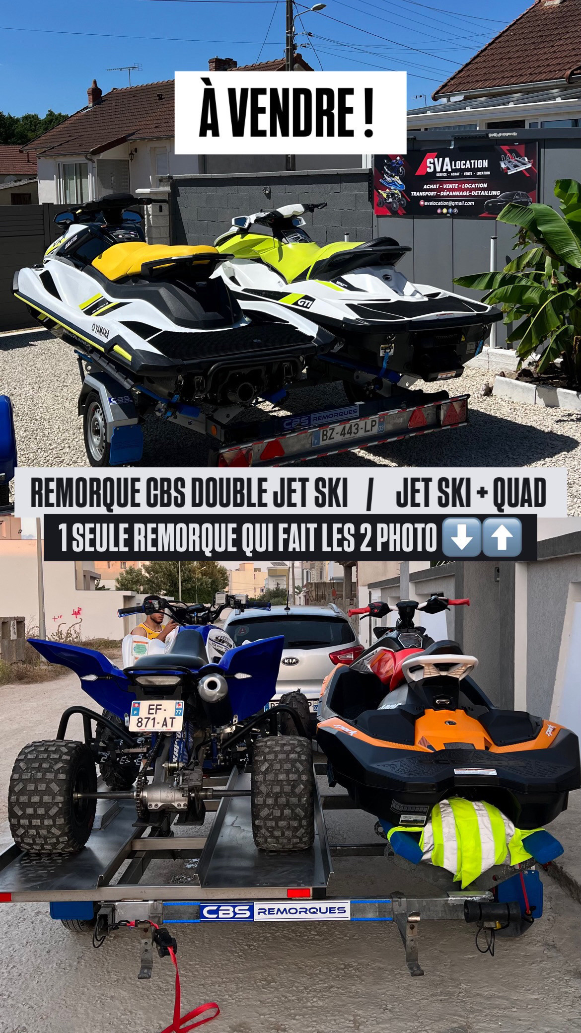 Remorque jet ski/quad ou double jet ski