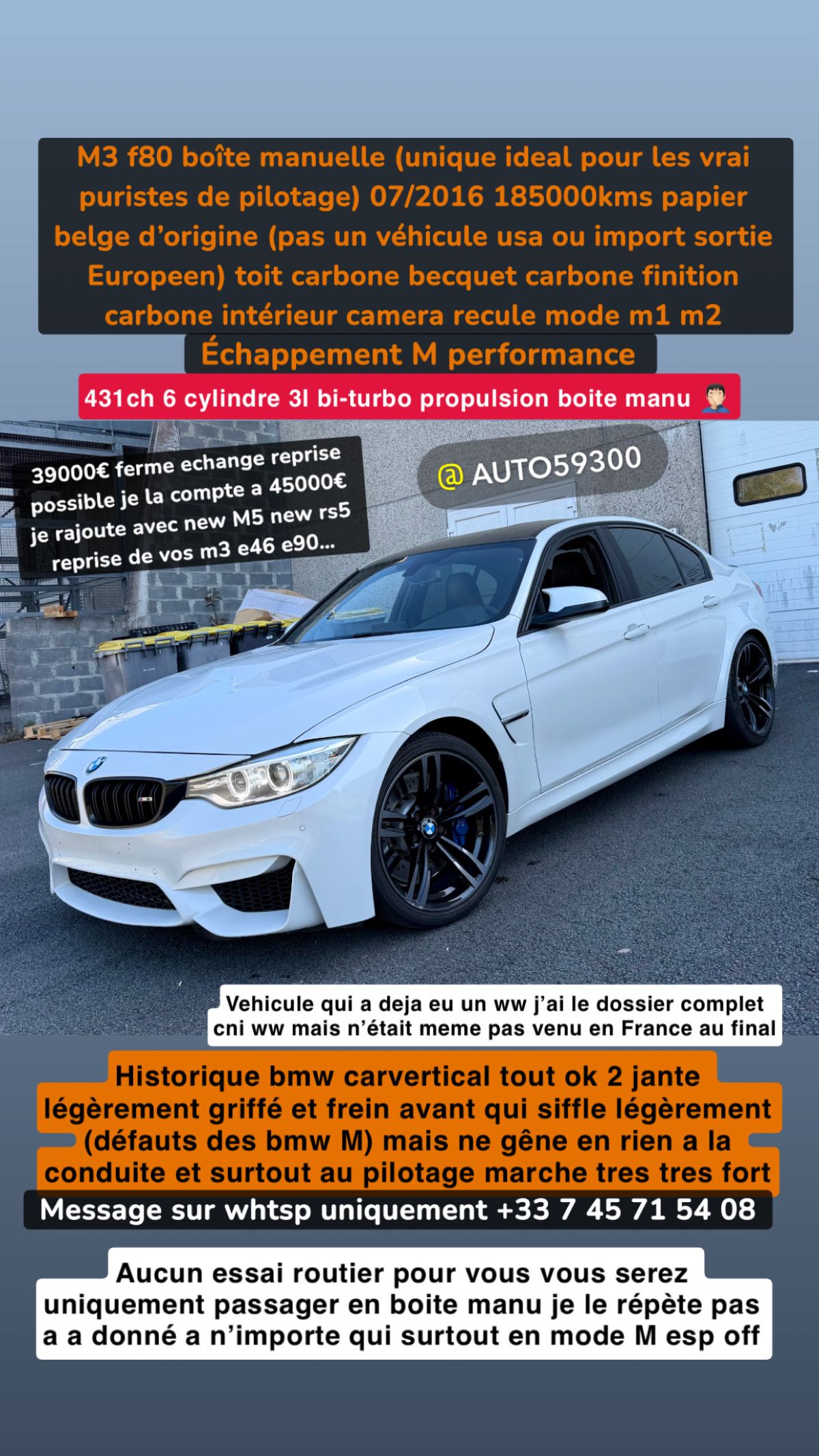 bmw m3 F80 431ch boite manu (rare)