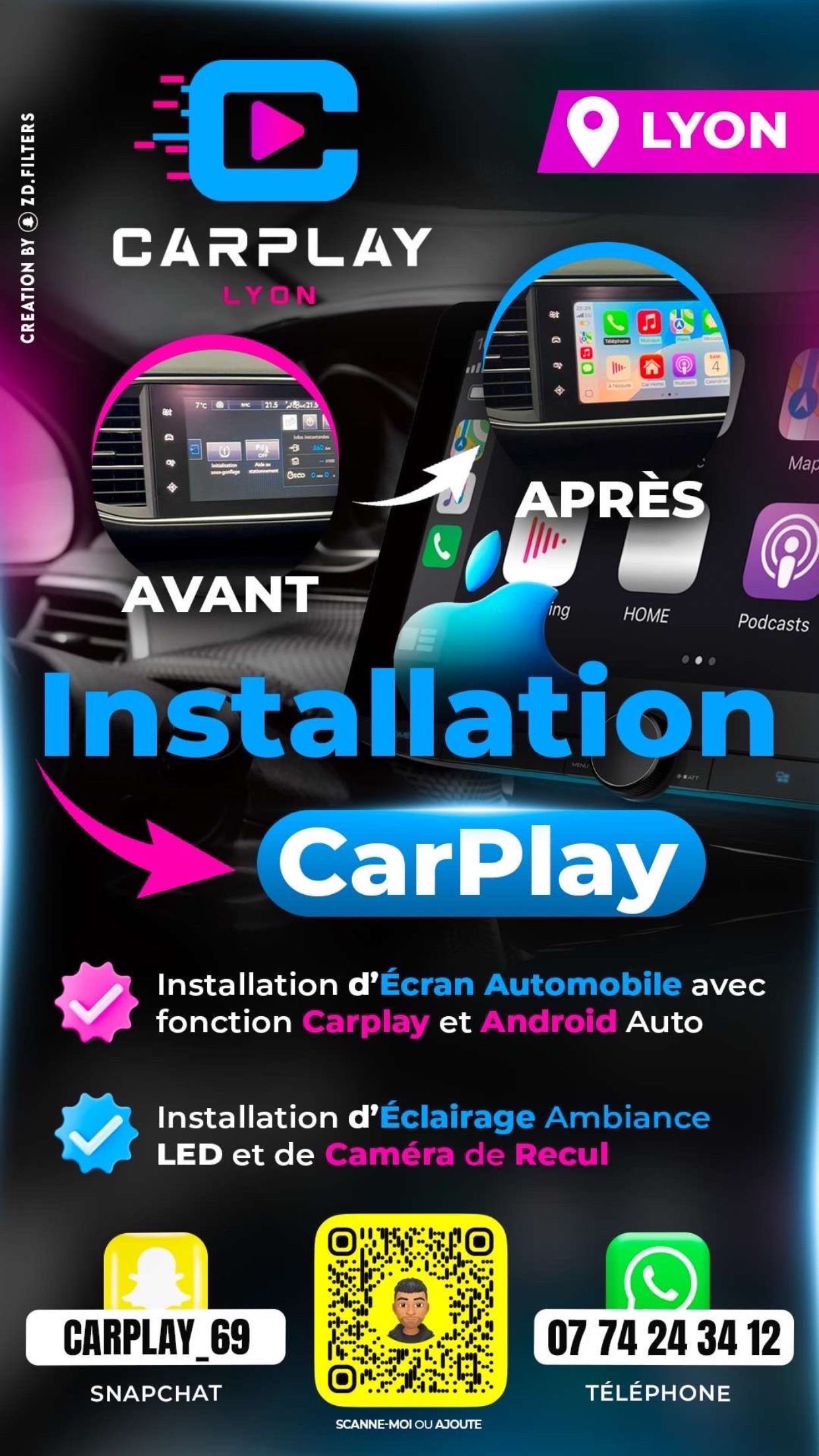 Installation Carplay, Caméra, radar, traqueur automobile